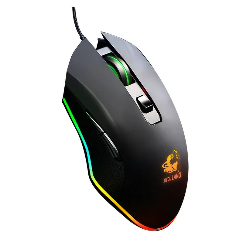 Black RGB wired gaming mouse with ergonomic shape and full-colour lighting effects on a desk setup