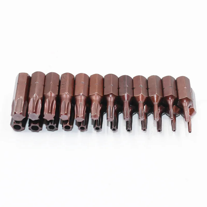 Black magnetic screwdriver bit set showing T6 to T40 sizes with hollow and solid hexagon shanks