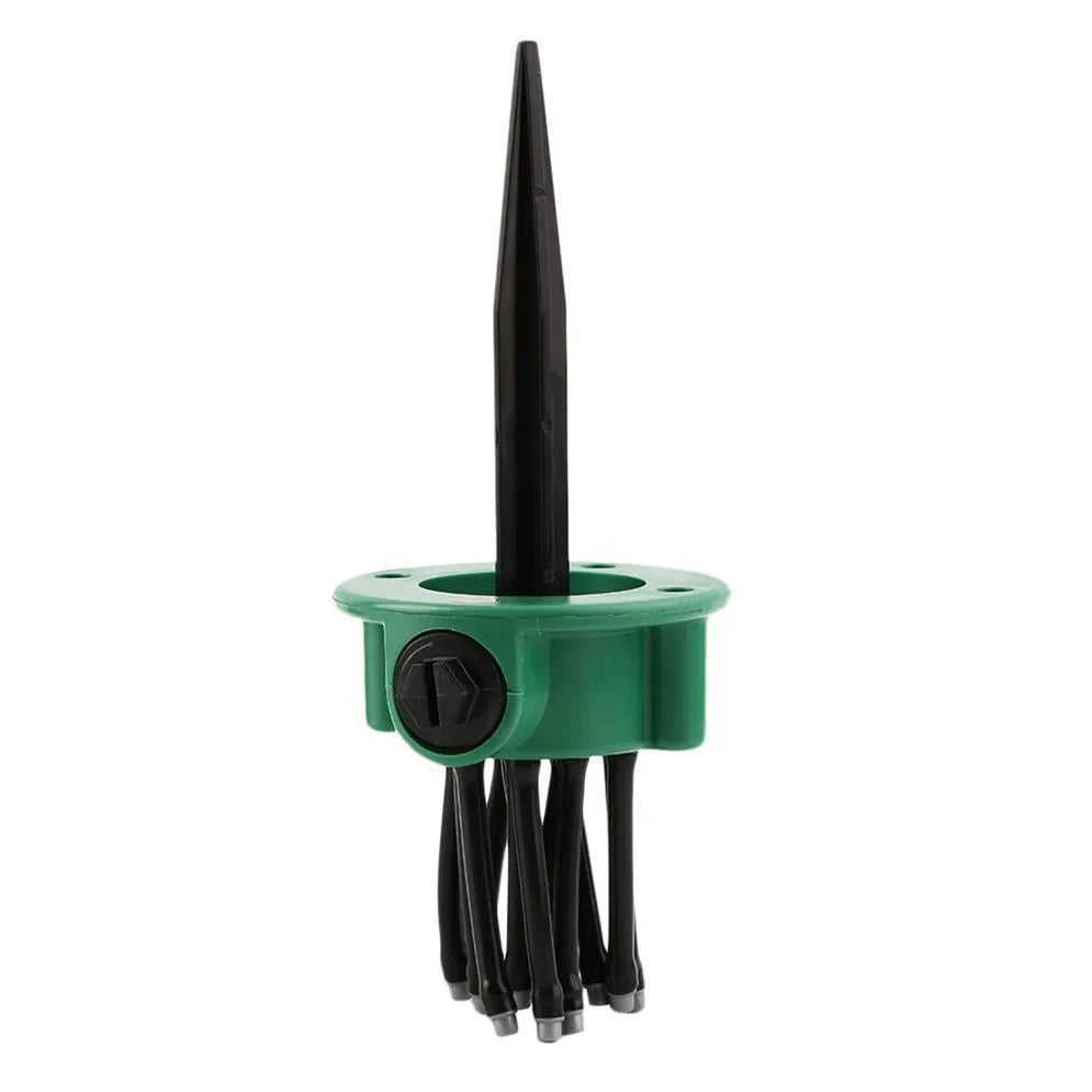 Green adjustable garden sprinkler with bendable spray noodles on 9cm diameter base