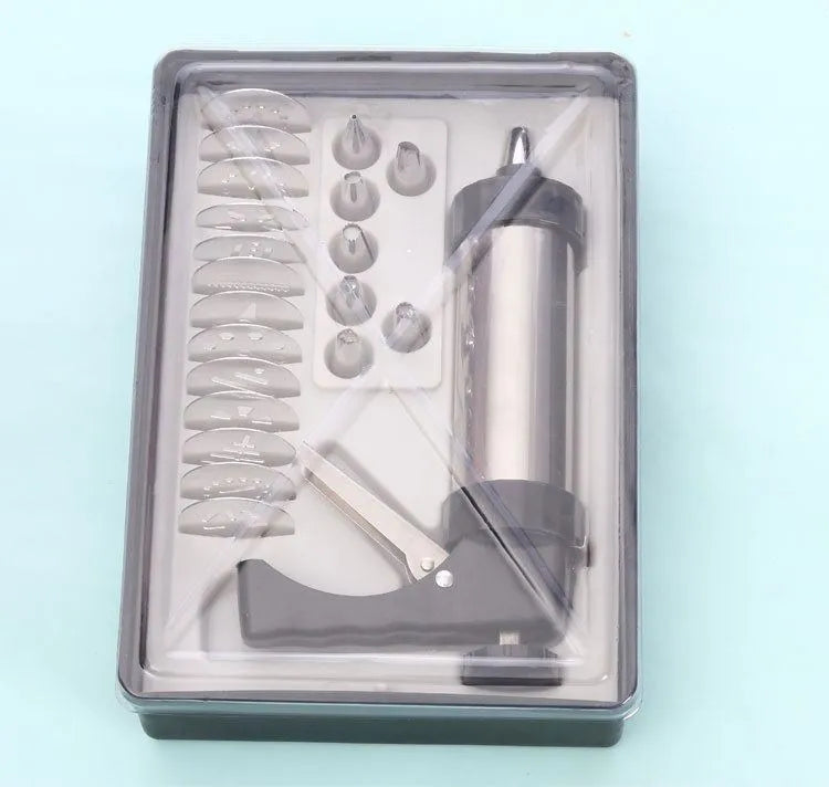 Stainless steel biscuit press gun with 13 cookie moulds and 8 piping nozzles for baking and cake decorating