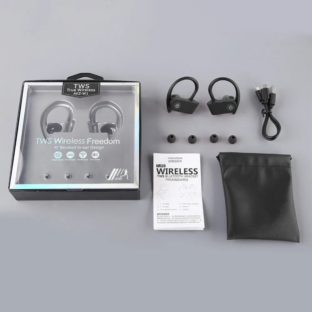 Black wireless Bluetooth V5.0 in-ear headphones with ergonomic design and control buttons.