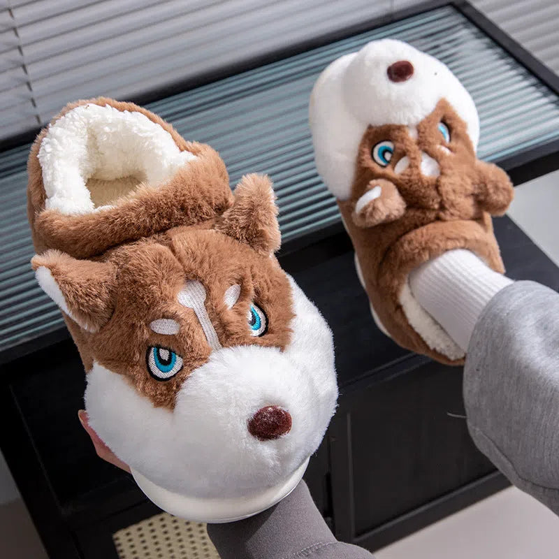 Cute Husky cartoon pure cotton slippers for men and women, warm indoor winter footwear in dark gray