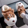 Cute Husky cartoon pure cotton slippers for men and women, warm indoor winter footwear in dark gray