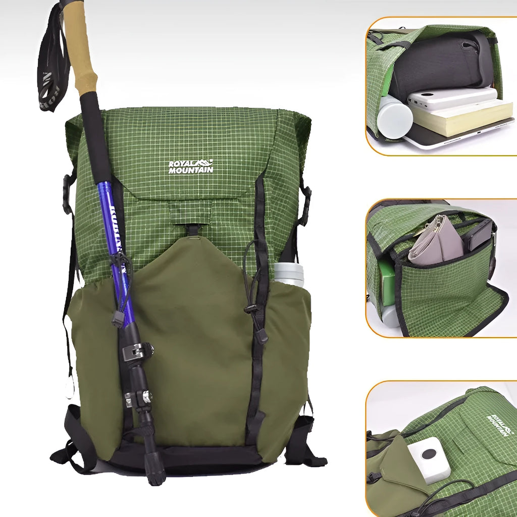 Outdoor 25L foldable backpack in green with curved edge design and reflective strip on front