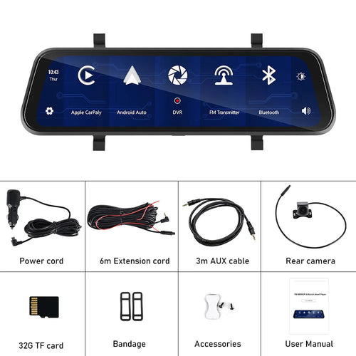 9.66-inch HD car video mirror monitor with reverse camera and mounting kit on a dashboard.