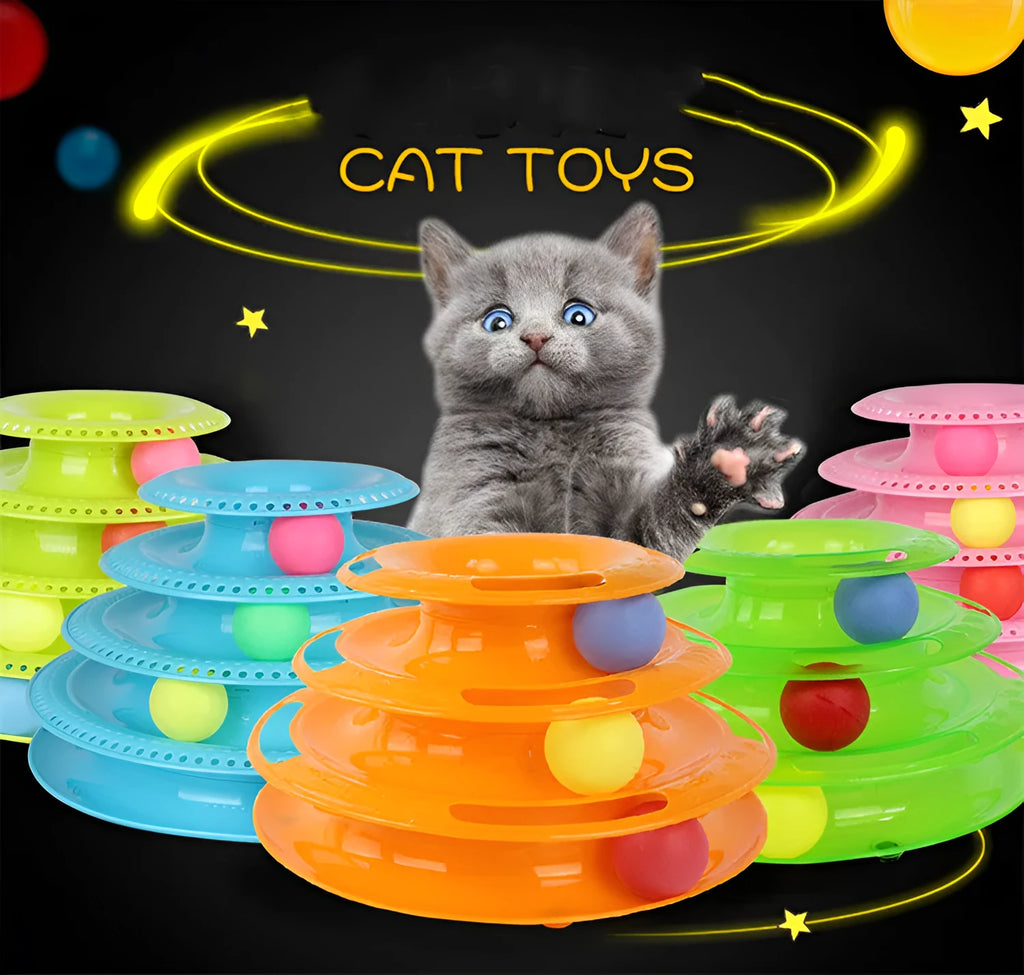 Interactive four-layer cat turntable toy with ball tower tracks, plastic, 16x29cm, in pink, blue, or orange