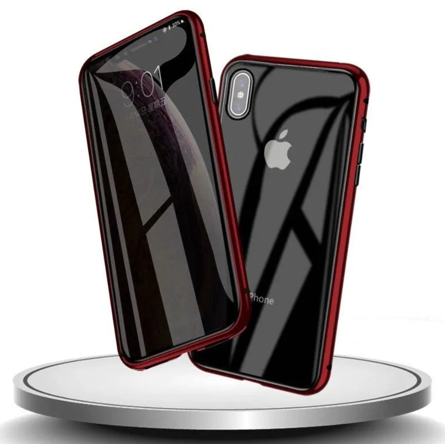 Closed clamshell anti-spy iPhone case in black showing tempered glass back and metallic Faraday cage interior.