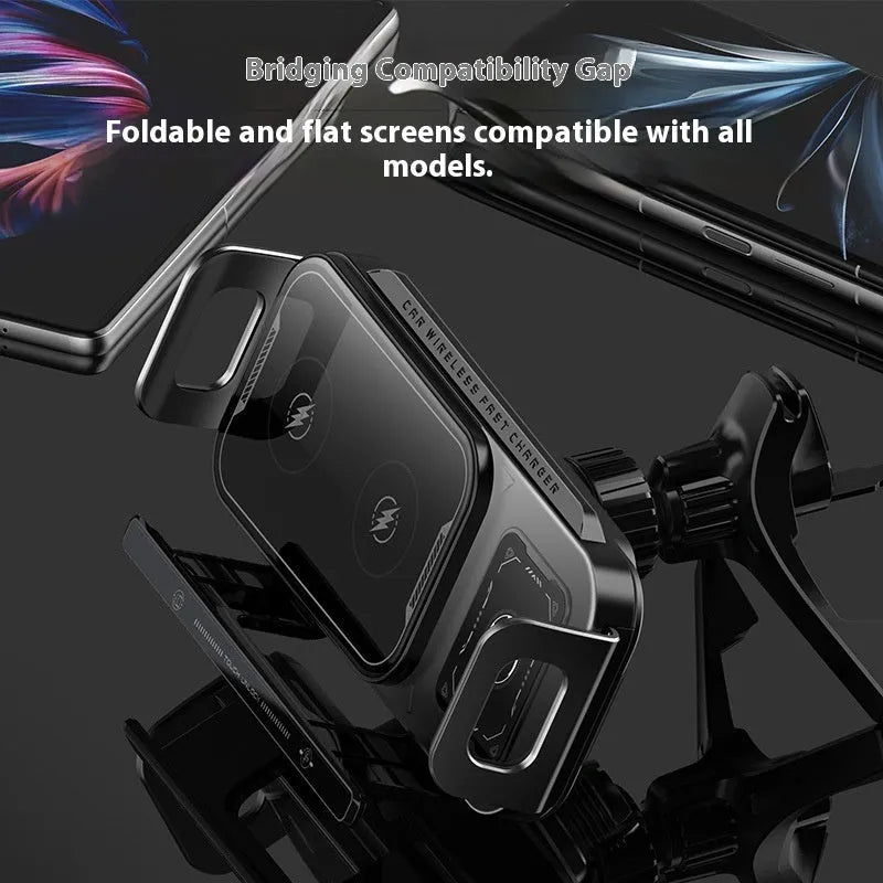 Folding screen car phone charger with wireless charging pad in Xingyao Black plastic finish