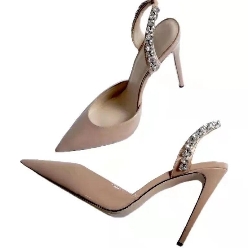 Women's pointed toe high heel sandals with rhinestone straps in patent leather