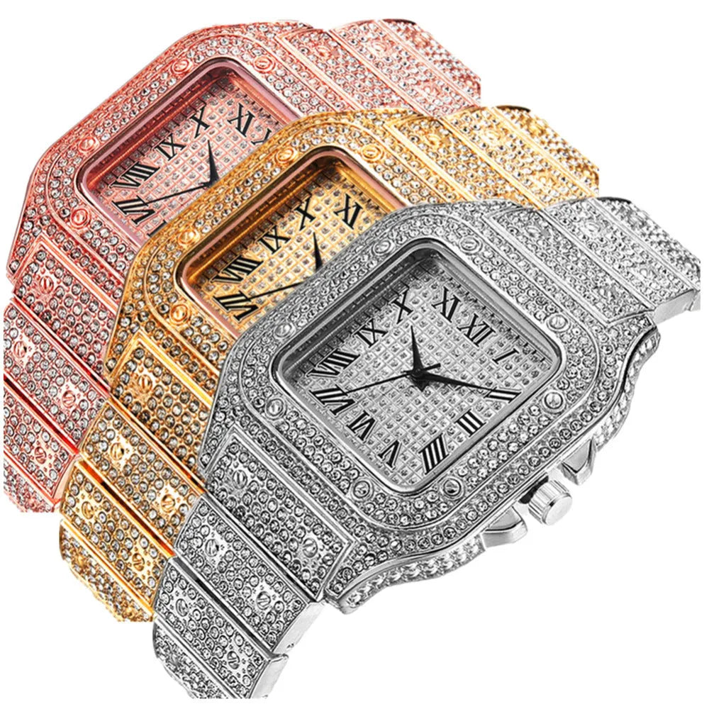 Roman numeral square watch with mesh band, bracelet, and necklace set in gold tone