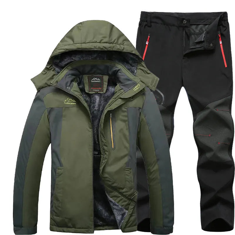 Men's outdoor windproof jacket set with jogging pants in black and army green colour block