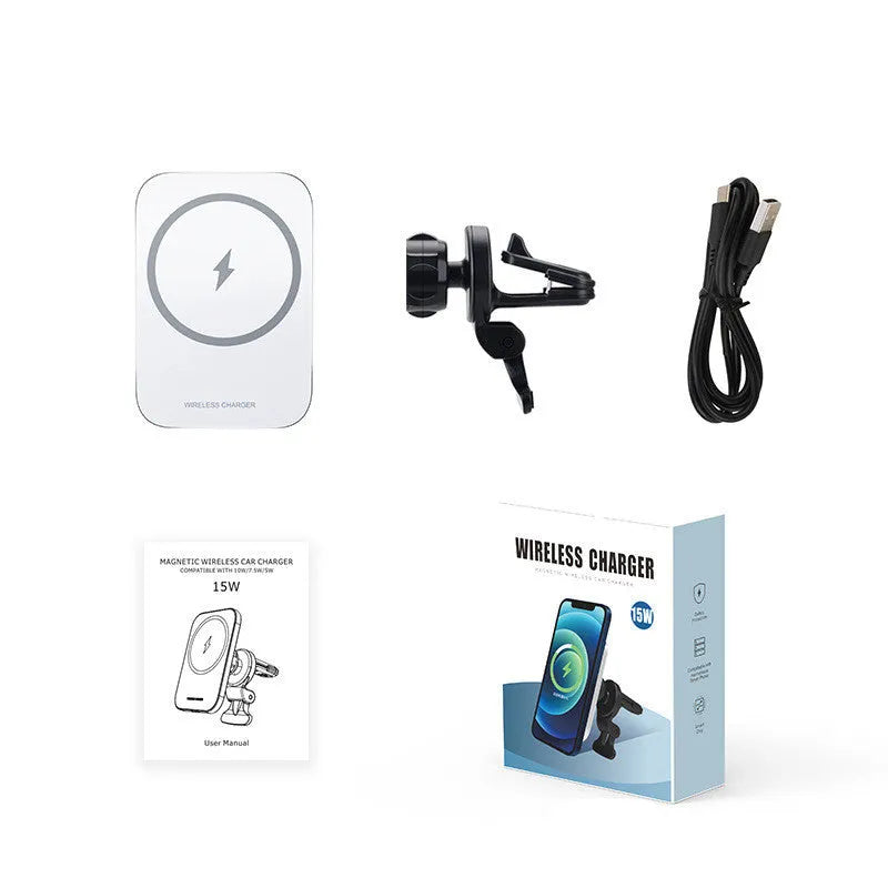 Black magnetic wireless charging car phone holder mounted on car dashboard with iPhone 12 attached