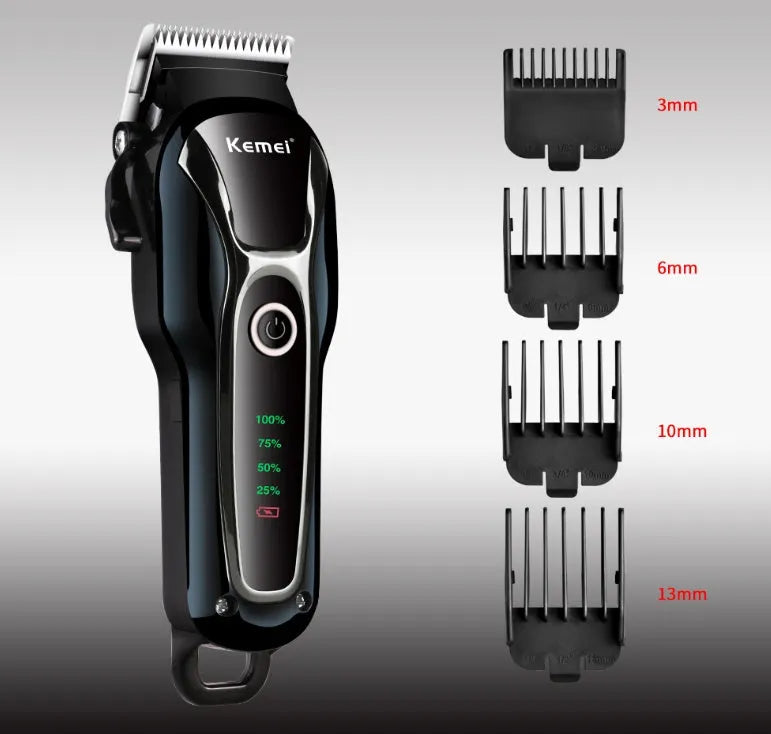 Black rechargeable pet fader clipper with patented blade on white background