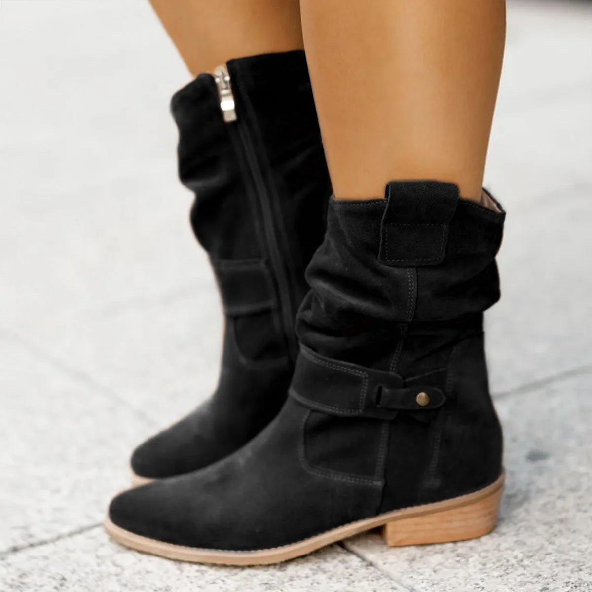 Women's suede mid-calf boots with pointed toe, square heel and side zip, shown in black, apricot and brown
