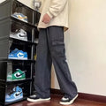 Men's straight-leg jeans with flanging pockets in washed old polyester fabric