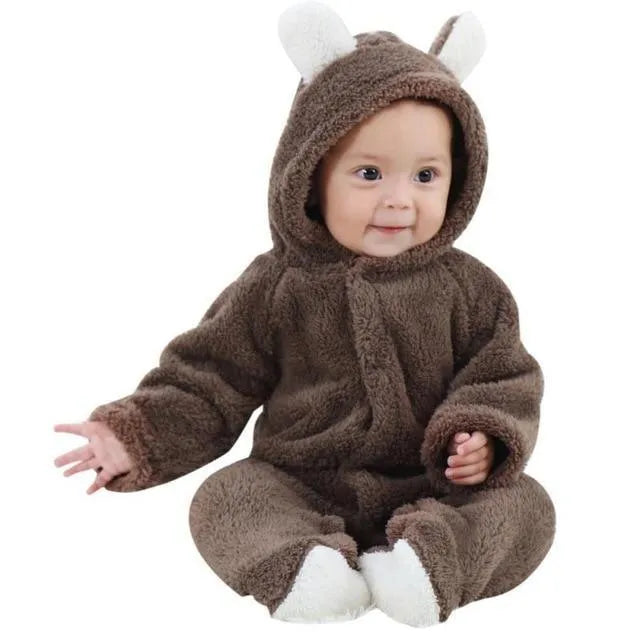 Unisex baby romper winter cotton blend pullover O-neck in brown for infant 0-12 months