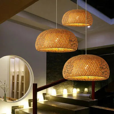 Brown bamboo woven chandelier with E27 fitting, 180 x 300mm ceiling droplight for tea room or restaurant