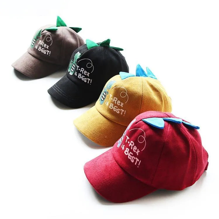 T-Rex dinosaur kids hat in black with adjustable strap, side view showing dinosaur face graphic