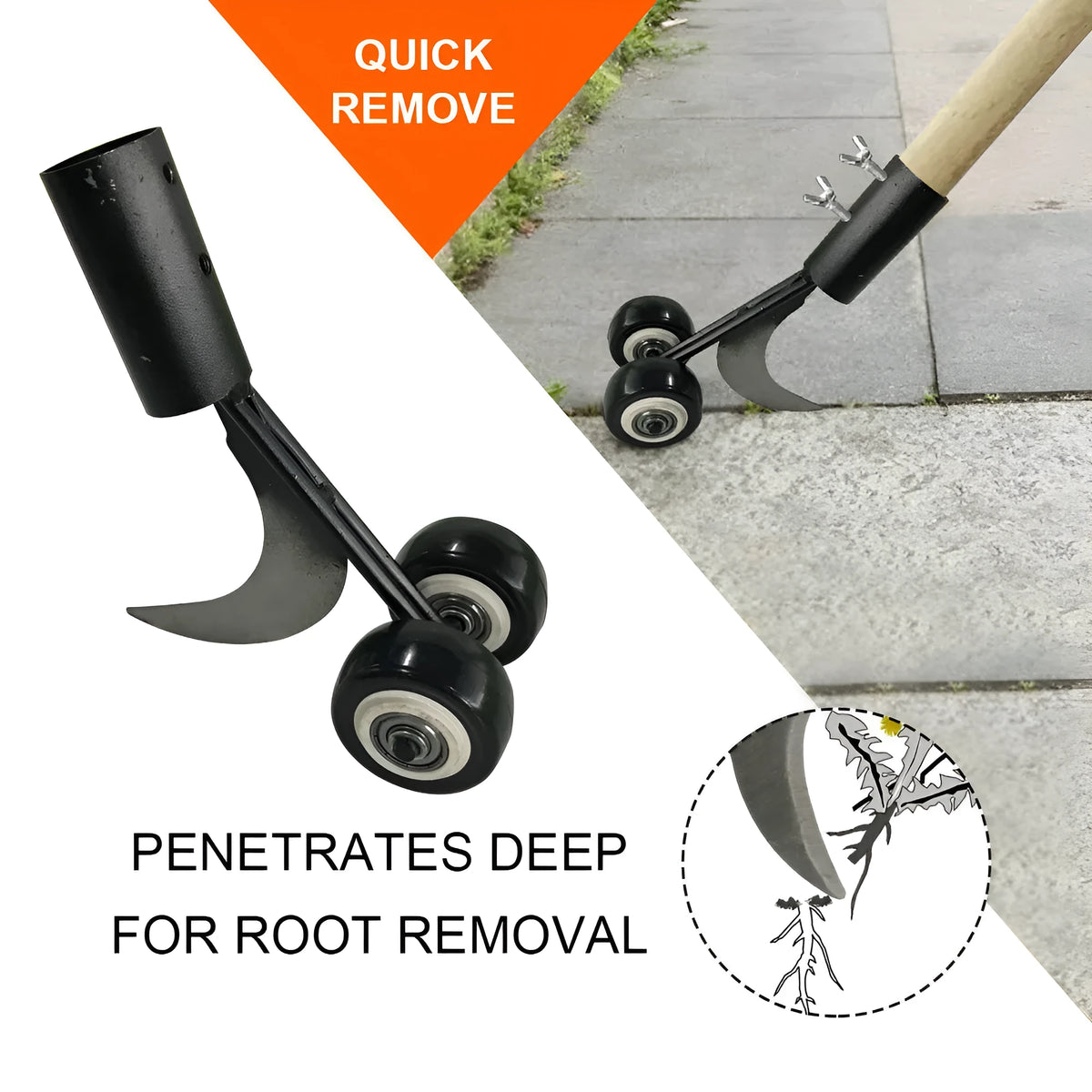 Manual garden weeder set with telescopic metal rod, gap weeder head, and sickle weeder for chemical-free weed removal