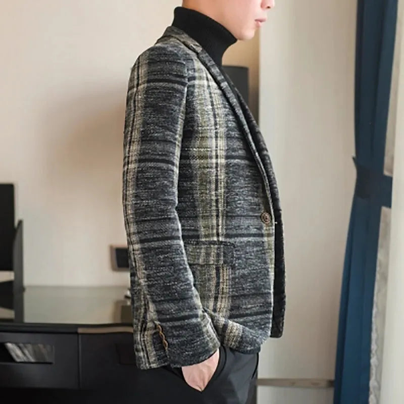 Men plaid slim fit polyester blazer in coffee colour with lapel collar and two-button front