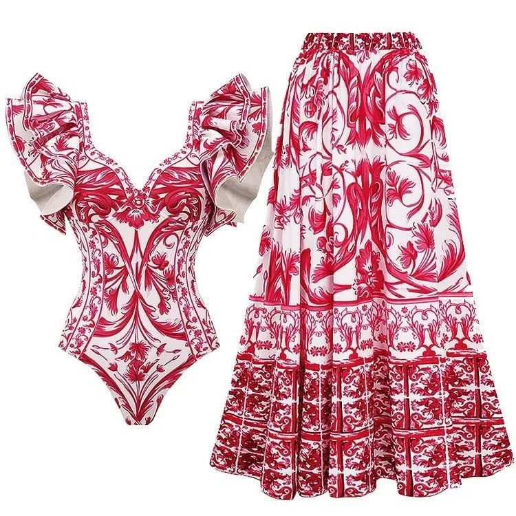 Women's printed one-piece swimsuit in polyester fabric available in multiple colours and adult sizes