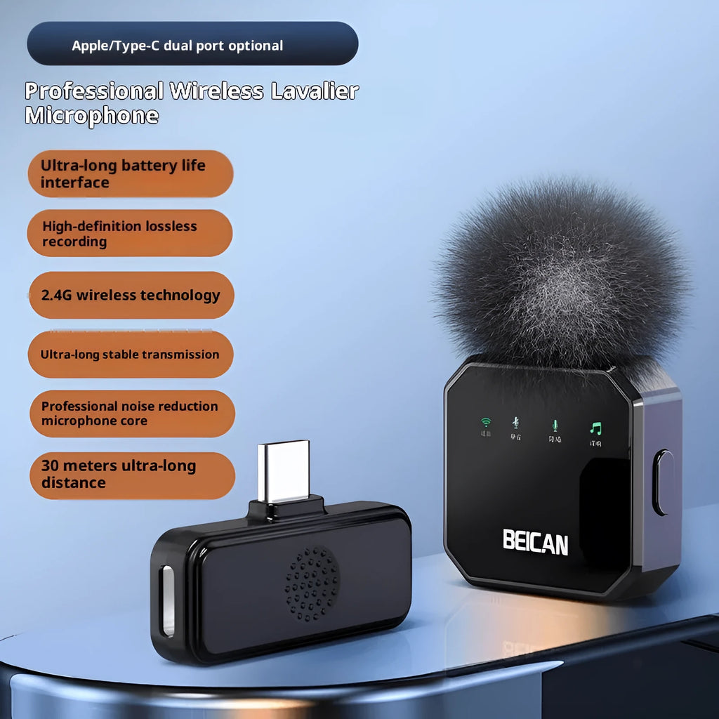 Wireless lavalier lapel microphone clip-on for mobile phone video recording with Apple or Android interface and charger