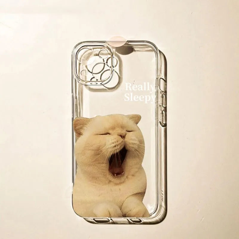 TPE phone case with yawn cat design, built-in fold-out bracket, black finish, compatible with iPhone models
