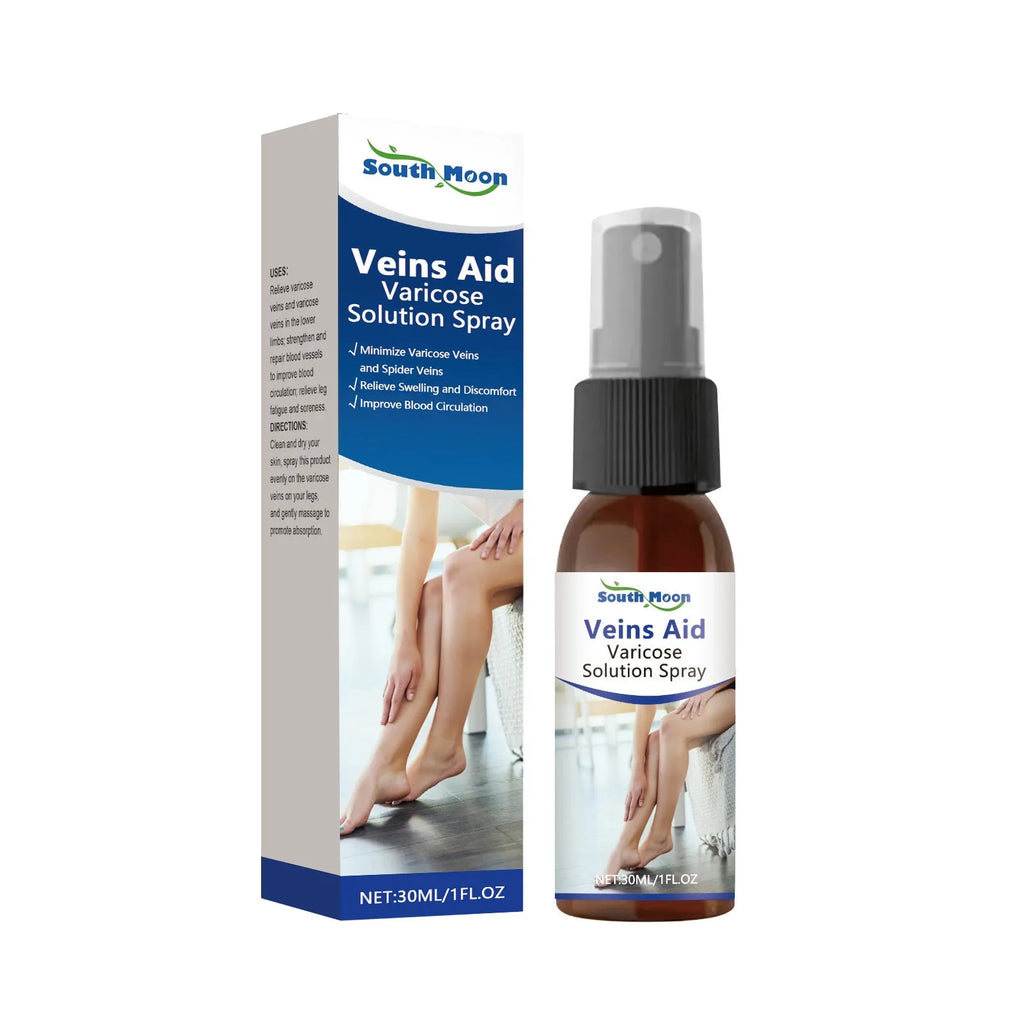 30ml bottle of leg care spray with spray nozzle, labelled with ingredients menthol, ginger, and horse chestnut.