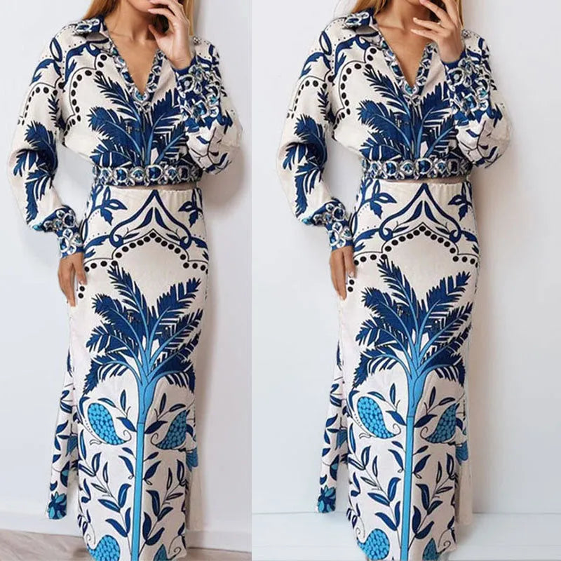 Women's floral print casual two-piece set with a long sleeve top and long skirt for early spring.