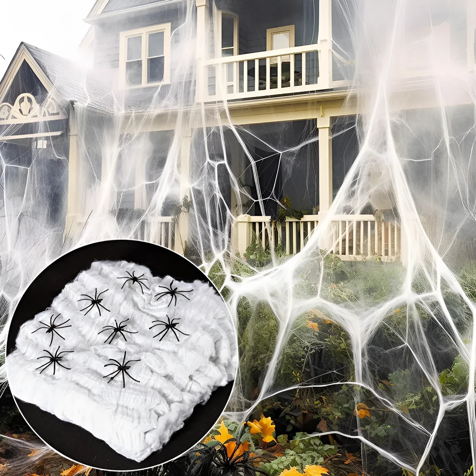 Cotton spider web Halloween decoration set with spiders in white colour scheme