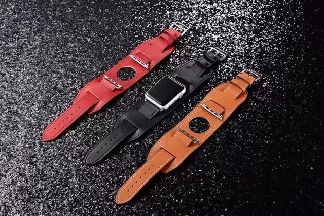 Leather watch strap belt in red, blue, black, or brown, 38mm and 42mm widths for men and women