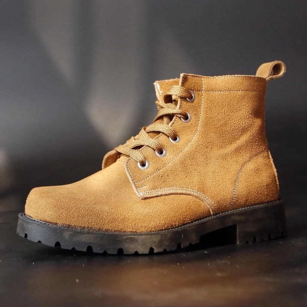 Brown film-coated leather safety boots with leather splicing, steel toe, high shaft, and rubber sole