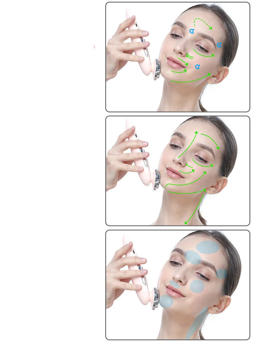 Pink and white rechargeable facial massager with red and blue light therapy functions on a clean surface