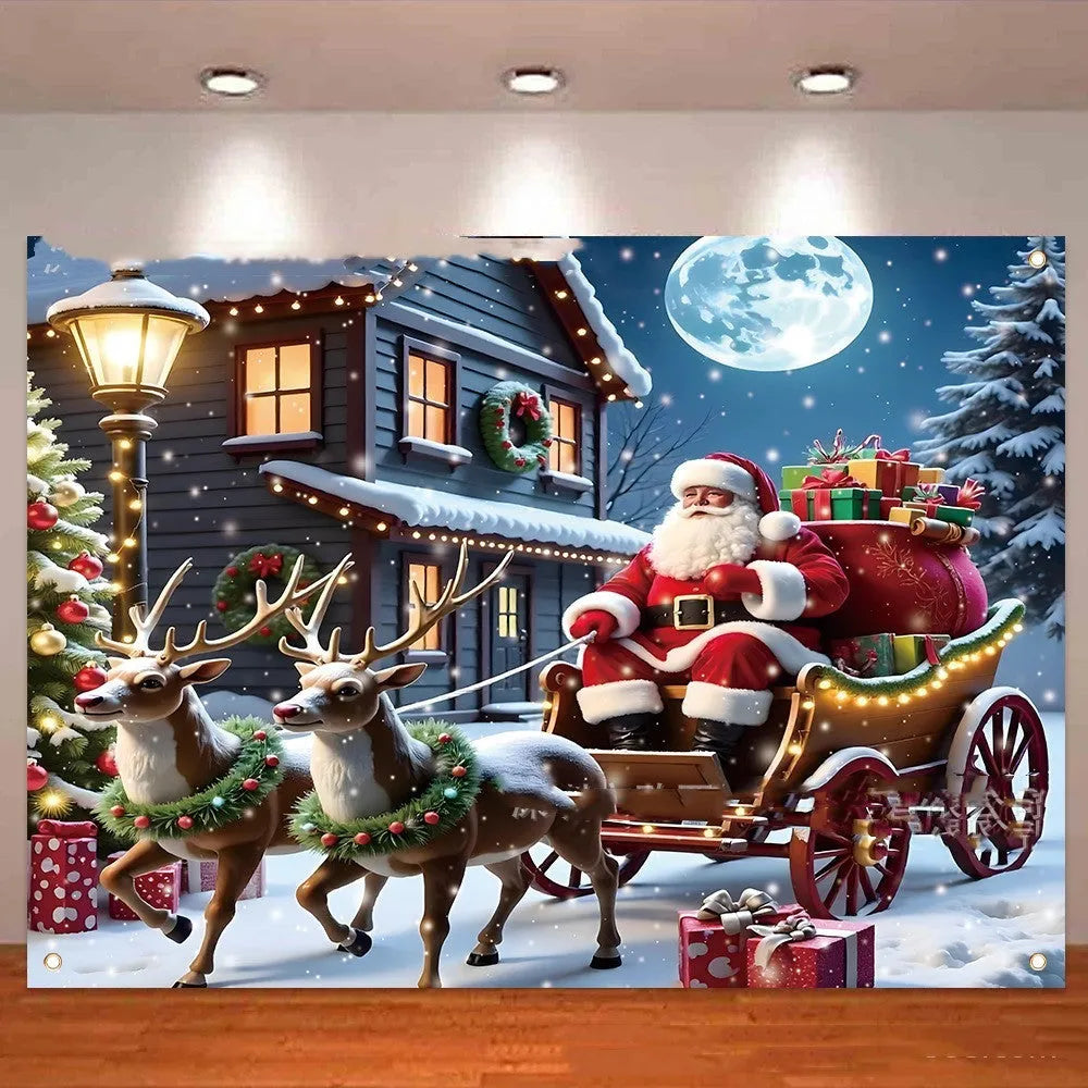 Large red Christmas banner with Santa Claus and gifts, dimensions 210cm by 150cm.