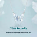 Bingyu adjustable silver butterfly necklace on a dark background, showing the icy electroplated pendant and O-ring chain.