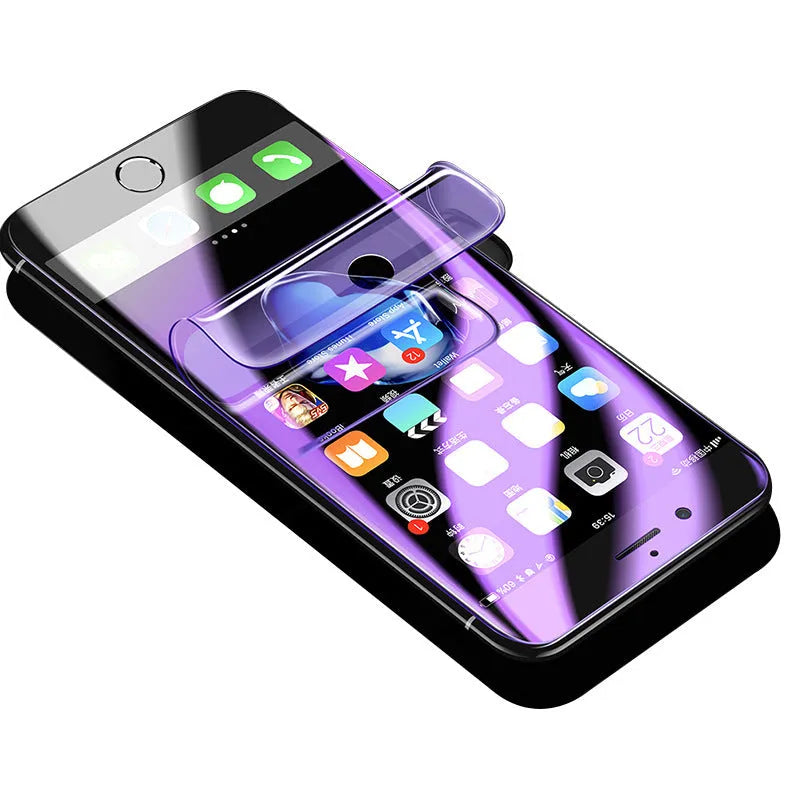 Purple light hydraulic film screen protector for curved Samsung Galaxy phone.