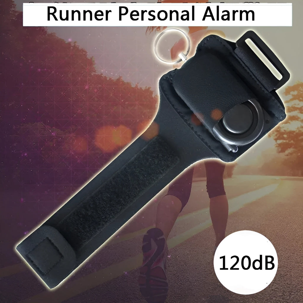 Runner Personal Alarm with LED flashing light and adjustable black wristband on white background