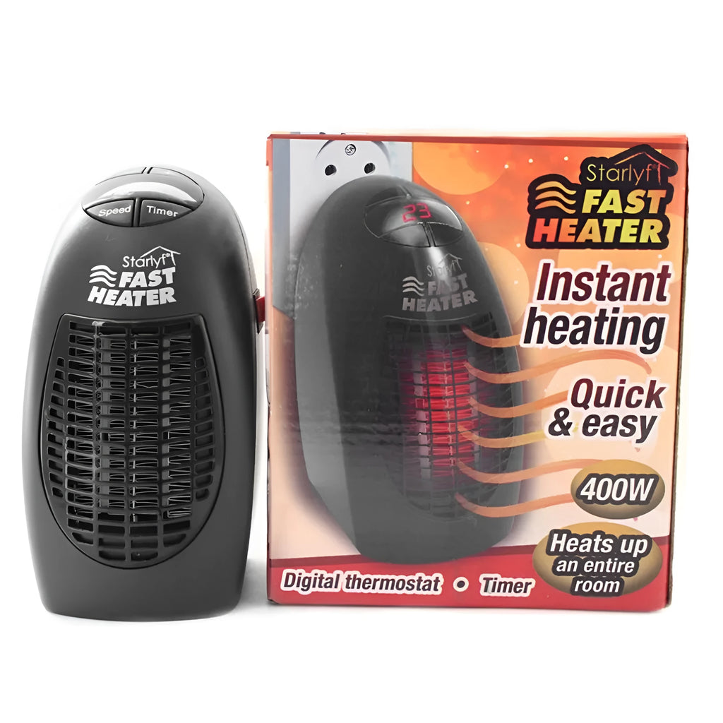 Black portable ceramic electric heater with digital display and rotating plug on a white background.