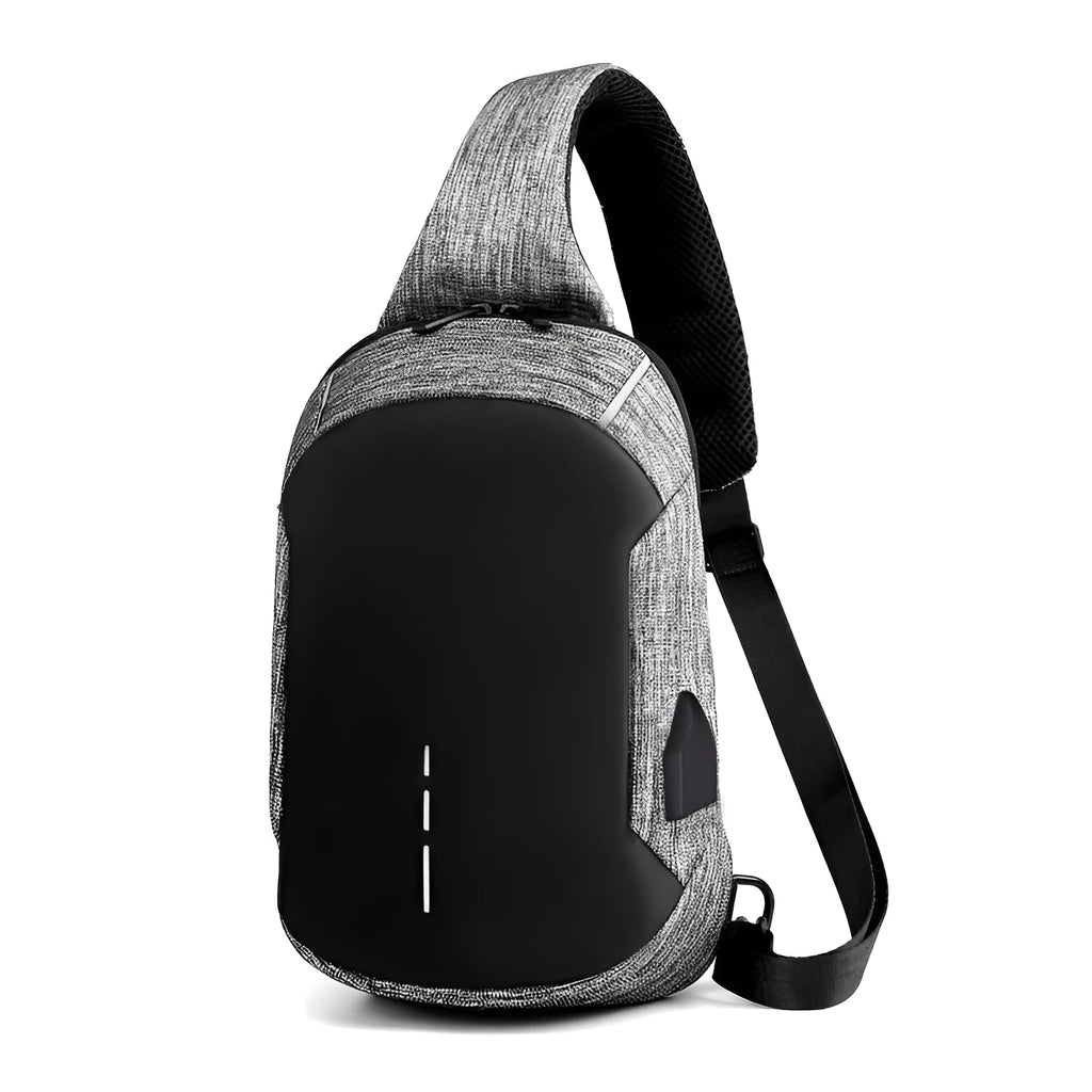 Dark blue waterproof Oxford cloth chest bag with zip and adjustable strap, shown front-on.
