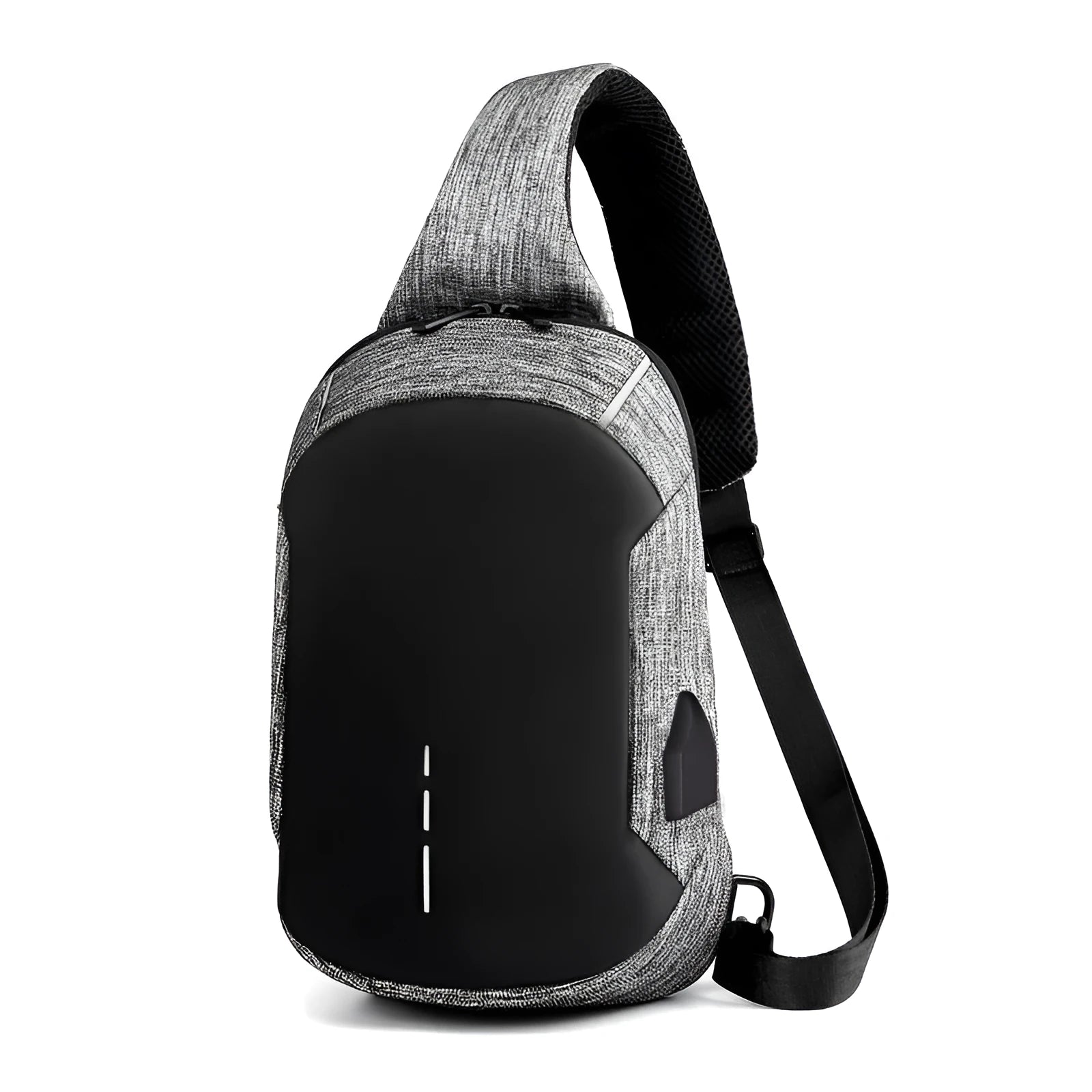 Dark blue waterproof Oxford cloth chest bag with zip and adjustable strap, shown front-on.