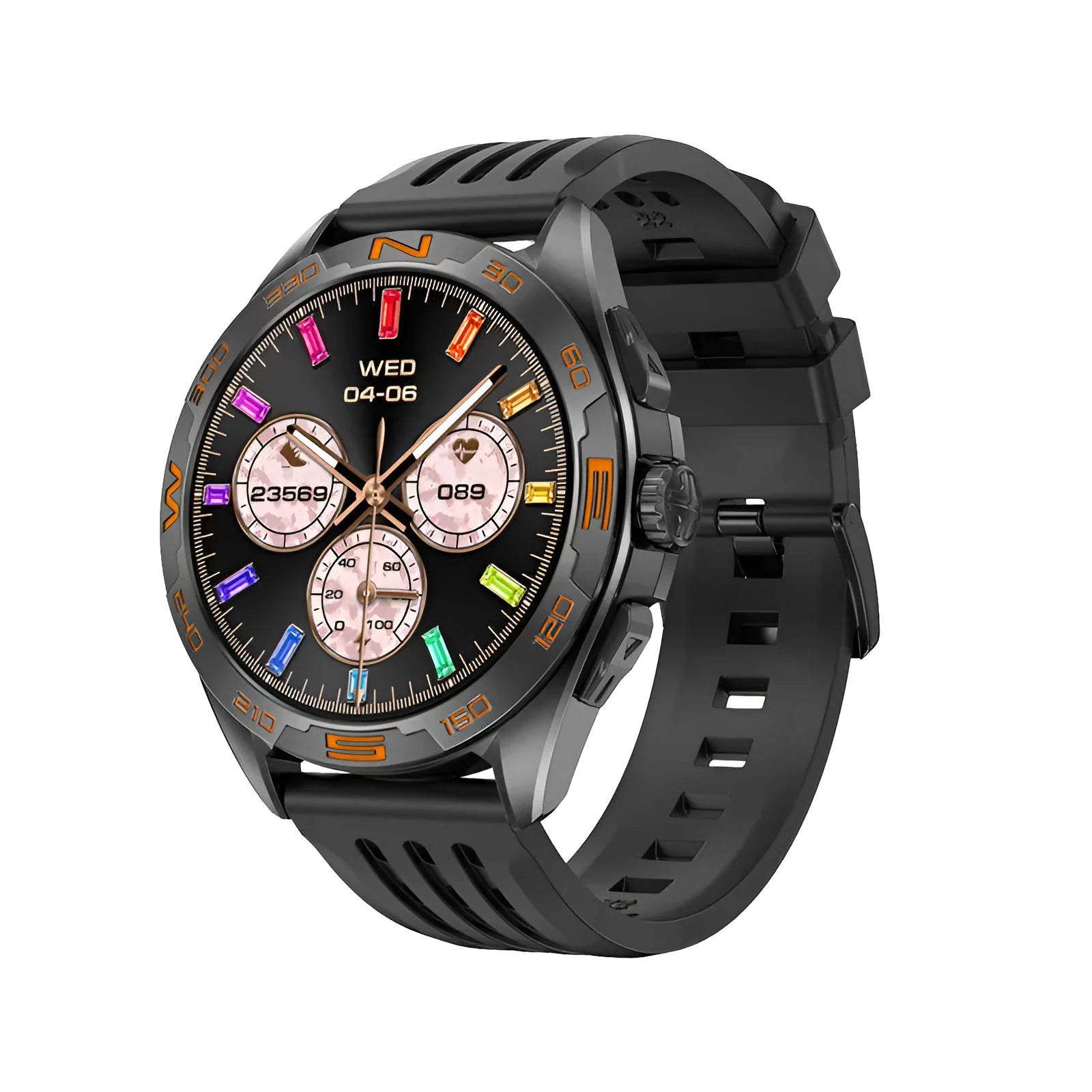 Black smartwatch with health sensors on wrist, displaying blood pressure and heart rate data on its IPS touchscreen.