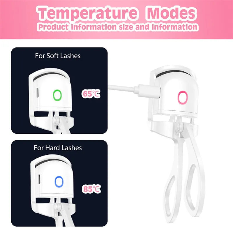 White and pink USB rechargeable heated eyelash curler with curved silicone pad.