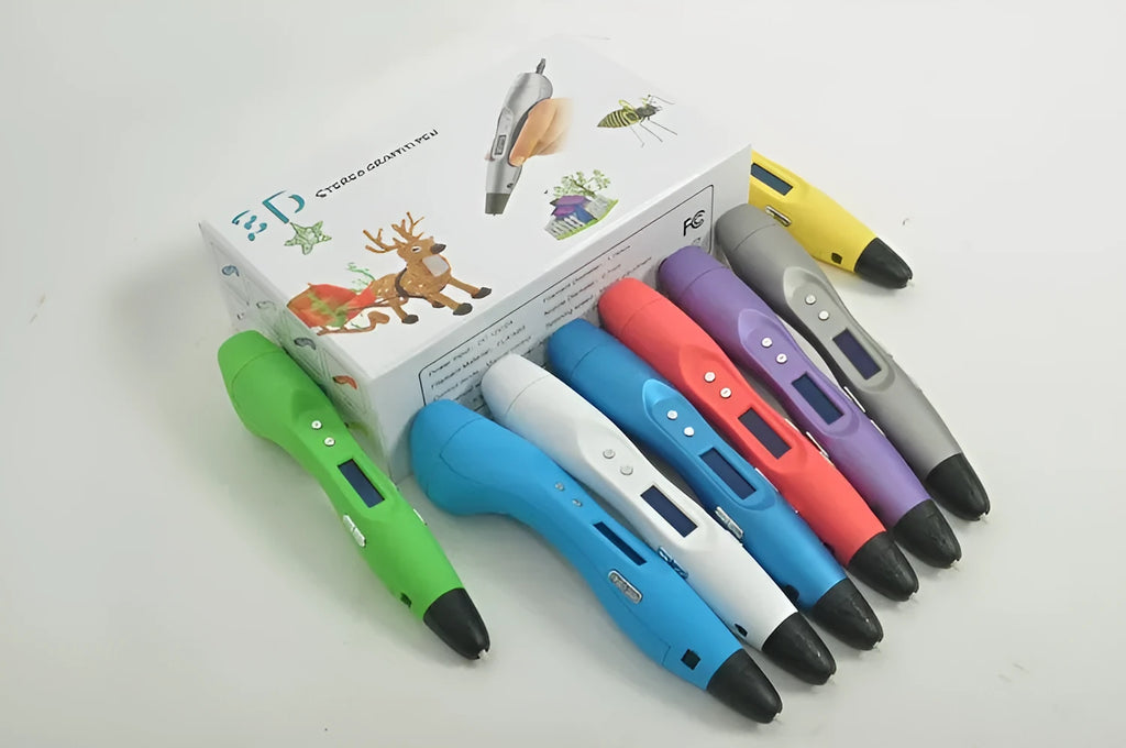 Light blue 3D printing pen with hot melt extrusion, 0.7mm nozzle, UK plug, lying on a white surface