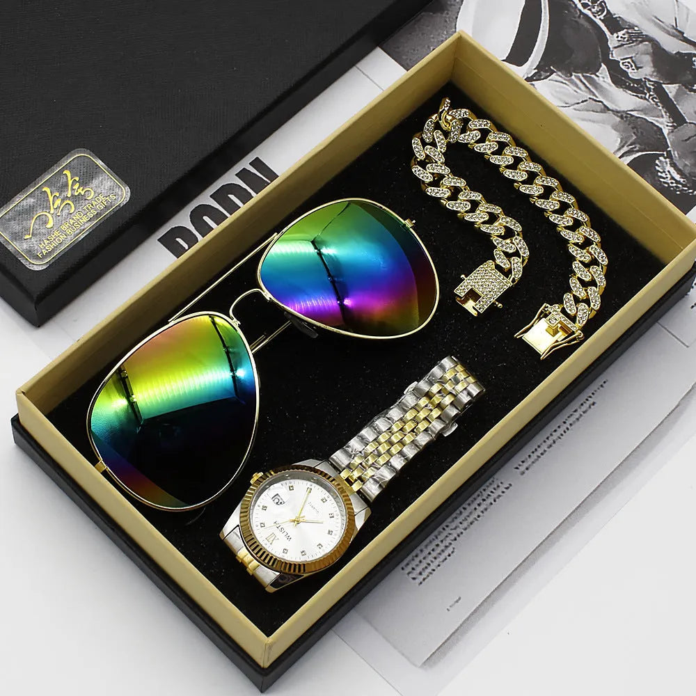 Men's steel bracelet watch with gold accents and matching sunglasses in gift box set