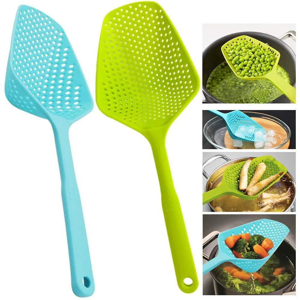 Large black nylon kitchen colander strainer scoop with draining holes for frying and soup.