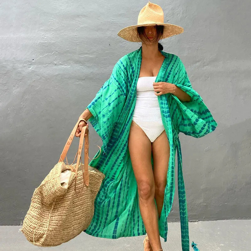 Loose printed cotton beach cover-up shirt in a DN0712 colour, shown as a long-sleeved blouse.