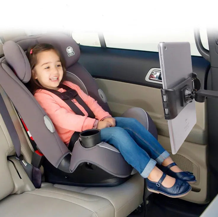 Universal car phone holder for back seat headrest with large collet, in black or black and red, for devices over 5 inches