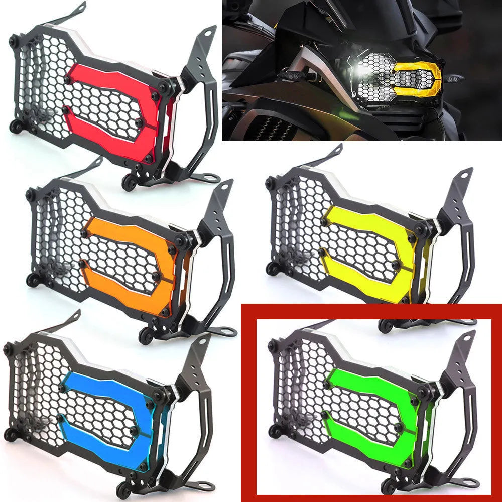 BMW motorcycle headlight protective cover in fluorescent yellow mounted on a GS adventure bike.