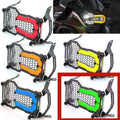 BMW motorcycle headlight protective cover in fluorescent yellow mounted on a GS adventure bike.