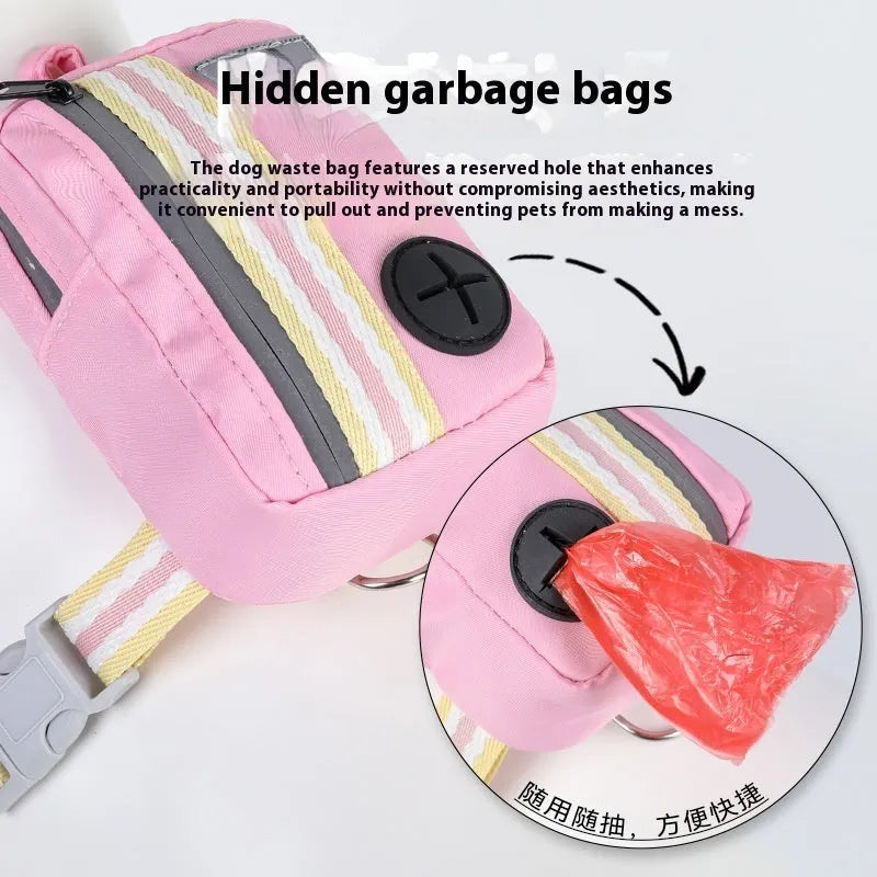 Pink anti-strangulation dog harness with 1.5m lead, showing chest strap and quick-release buckle on a dog.